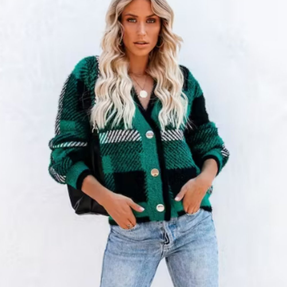 VICI Collection - Taylor Plaid Fuzzy Knit Cardigan